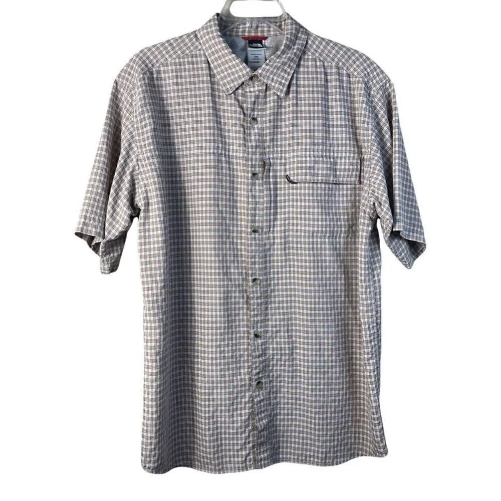 The North Face Short Sleeve Beige Plaid Shirt Hook & Loop Zip Pockets Men's Sz M